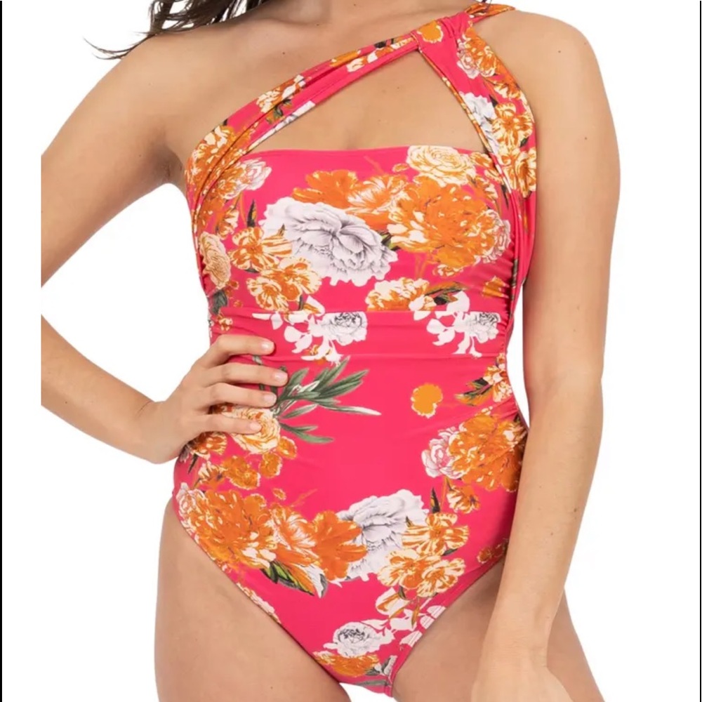 Rachel Roy one piece floral swim suit Medium Pink Freesia tropical print